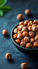Fototapeta premium macro closeup flat lay food background photo of a bowl full of hazelnuts on a wooden table with some nuts spread on the tabletop and blank text space at side