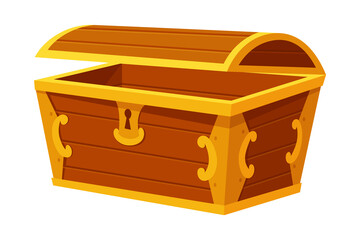 Chest. Game wooden antique box. Empty old wooden chest for gold treasure. Cartoon ancient container for pirates isolated  icon on white