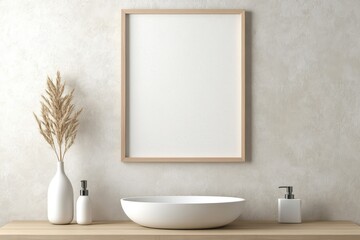 Fototapeta premium Minimalist Frame Mockup in Modern Bathroom with White Frame on Textured Wall Above Vanity