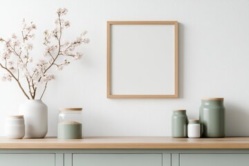 Close-Up Frame Mockup in Contemporary Kitchen with Wooden Frame on Tiled Wall Above Modern Countertop - Interior Design Concept