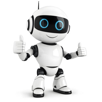 Friendly robot giving thumbs up isolated on white background
