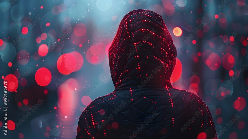 Poster hacker infiltrating corporate network digital defenses visualized as bypassed barriers
