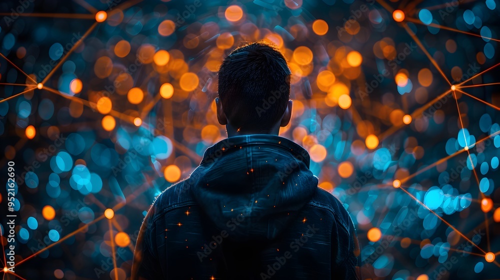 Poster hacker infiltrating a corporate network with digital defenses visualized