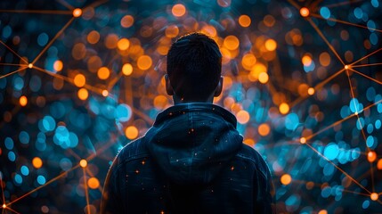 Hacker Infiltrating a Corporate Network with Digital Defenses Visualized