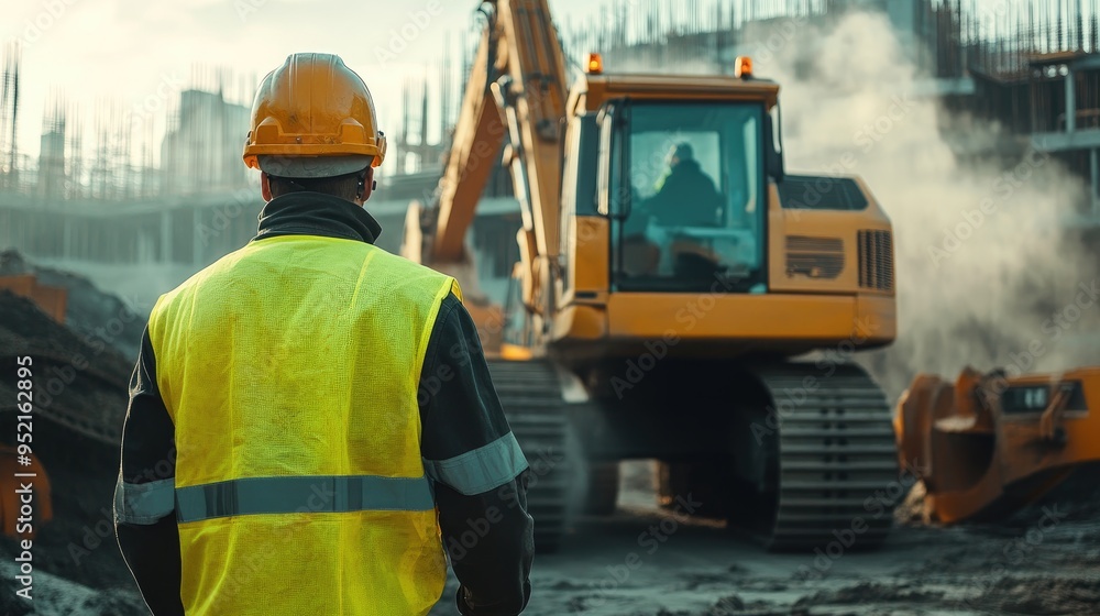 Poster project management in action as a construction engineer monitors the use of heavy machinery on-site,