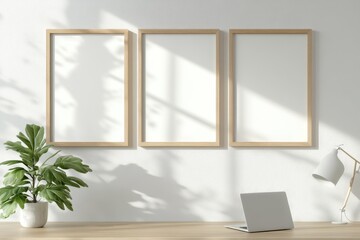 Modern Home Office Interior with Metallic Frame Mockup above Desk with Laptop and Minimalist Lamp