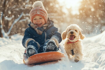 Cute boy with dog enjoying a sleigh ride. Child sledding, riding a sledge play outdoors in snow in winter park. Winter active games with the family. Winter holidays. Banner, Poster