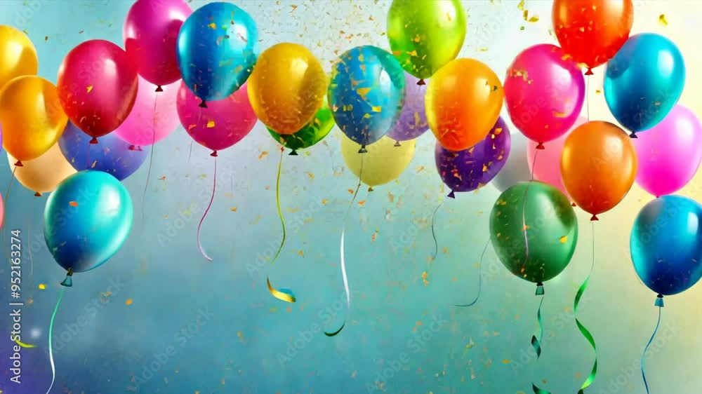 Poster A bunch of colorful balloons are floating in the air. The balloons are of different colors and sizes, creating a vibrant and lively atmosphere. Concept of celebration and joy
