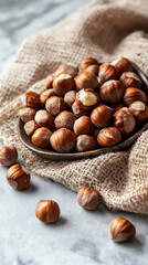 macro closeup flat lay food background photo of a bowl full of hazelnuts on a wooden table with some nuts spread on the tabletop and blank text space at side