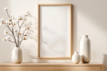 Modern Dining Room Close-Up Frame Mockup with Wooden Frame and Vases on Sideboard