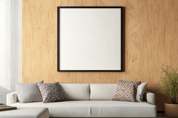 Close-up of a frame mockup on a textured accent wall in a contemporary living room, with a black frame above a low-profile sofa with a geometric throw pillow.
