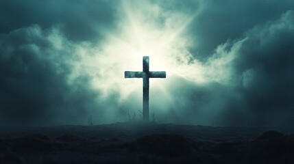 Fototapeta premium Dramatic image showing a religious church cross framed against a moody sky that is beginning to open and pierce light through behind the cross, showing the Lord's presence. generative ai