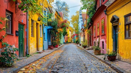 Fototapeta premium Colorful European Cobblestone Street with Fall Foliage