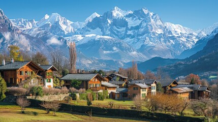 Fototapeta premium Picturesque Alpine Village with Snow-Capped Mountains