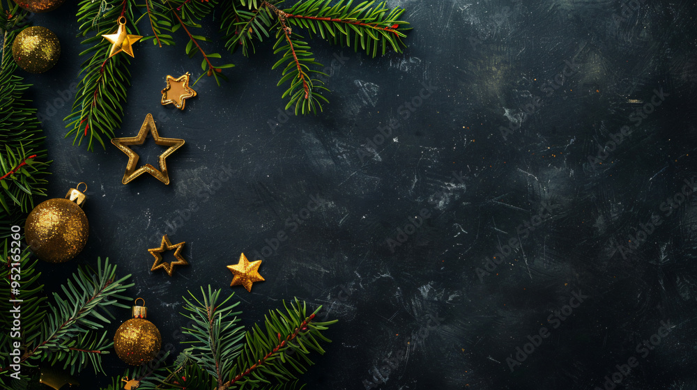 Poster christmas border consisting of fir branches and gold ornaments on dark background with copy space
