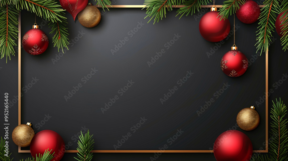 Poster Christmas background with golden and red balls hanging on fir tree branches on black background with golden frame