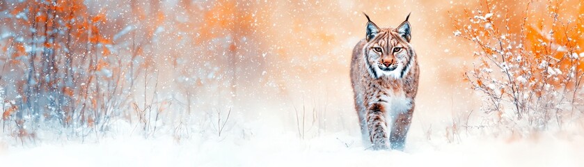 Fototapeta premium A majestic lynx walks gracefully through a snowy landscape, surrounded by vibrant autumn foliage.