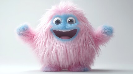 Obraz premium 3D rendering of a pink and blue Yeti cartoon character, a hairy Halloween monster with a furry, funny, and playful design, isolated on a white background.