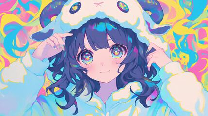 cute sheep character wearing anime onesie costume, anime style, cute kawaii, simple, smiling happy. neon psychedelic background