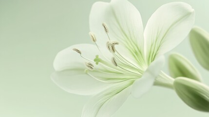 Fototapeta premium Ultra-realistic close-up of an egg-shaped flower with soft texture and delicate form, rendered in light green tones with a subtle gradient background, perfect for Easter cards or digital wallpapers.