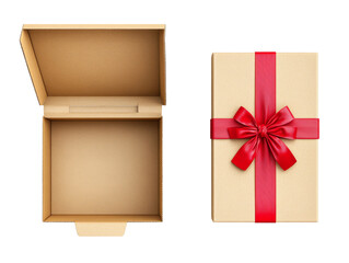 Gift box wrapped in red ribbon beside an empty cardboard box, transparent