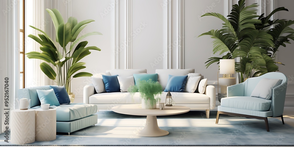 Wall mural White living room featuring green plants and blue decor details, with elegant furniture and a clean aesthetic, 3D render.