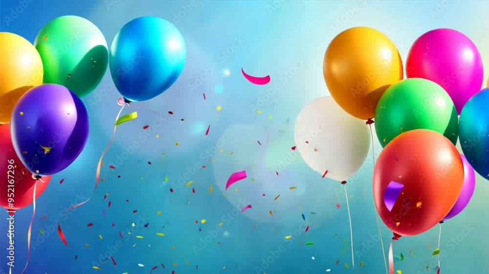 Poster A bunch of colorful balloons are floating in the air. The balloons are of different colors and sizes, creating a vibrant and lively atmosphere. Concept of celebration and joy