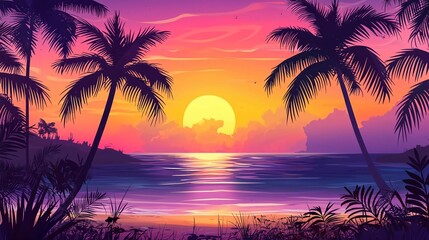 Tropical beach with palm trees and sea - summer resort at sunset which is very beautiful