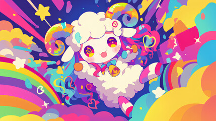 Naklejka premium cute sheep character wearing anime onesie costume, anime style, cute kawaii, simple, smiling happy. neon psychedelic background