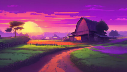 Obraz premium colorful cartoon farm organic farming rural landscape background