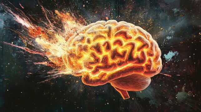 Concept art of a human brain exploding with knowledge and creativity 