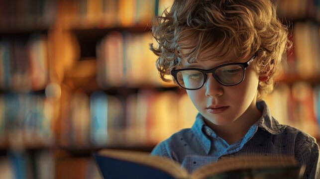 Young Boy Reading in a Library
