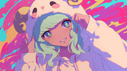 cute sheep character wearing anime onesie costume, anime style, cute kawaii, simple, smiling happy. neon psychedelic background