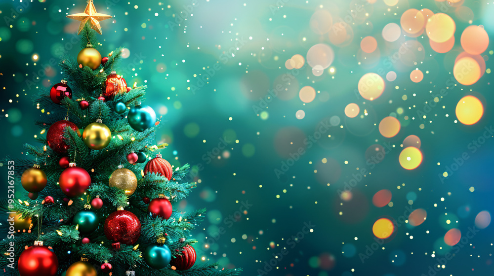 Aufkleber christmas tree decorated with colorful ornaments shining with lights on a blue background with bokeh