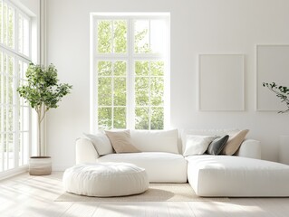 Modern White Living Room with Sectional Sofa and Natural Light Streaming in Through Large Windows