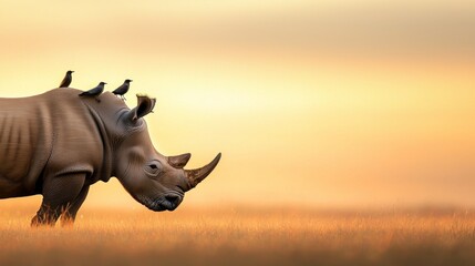 Fototapeta premium A majestic rhinoceros walks through golden grass at sunset, accompanied by small birds perched on its back, showcasing nature's harmony.