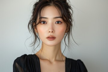 portrait of beautiful, elegant asian fashion model in studio neutral background looking to the camera