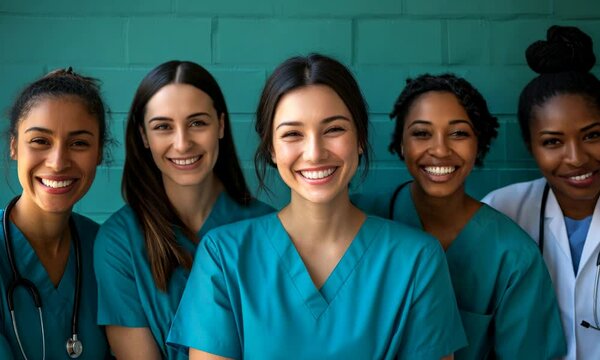 A group of diverse nurses smiles brightly, showcasing camaraderie and achievement in a healthcare environment.