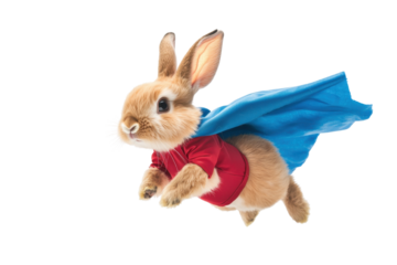 Cute rabbit in a red superhero costume with a blue cape Transparent PNG