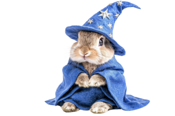 Adorable rabbit dressed in a blue wizard costume with a pointed hat adorned with stars Transparent PNG