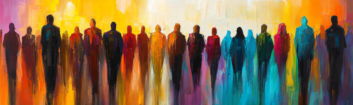DEI: Abstract oil painting depicting a crowd of people cucoloris in the distance, standing side by side, in vibrant rainbow colors. focus on representation of different cultures, backgrounds, gender