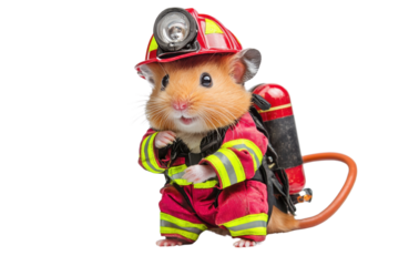 Hamster dressed in a firefighter uniform with a red helmet and reflective stripes, wearing a breathing apparatus, cut out transparent isolated PNG