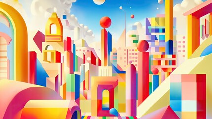 A vibrant cityscape filled with geometric shapes and playful architecture under a bright sky, capturing a lively and colorful urban atmosphere.