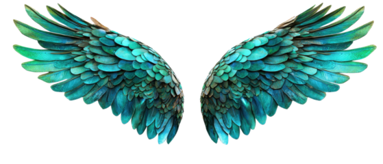 A stunning illustration of vibrant, teal-colored angel wings with intricate feather details, perfect for fantasy and mythological themes.