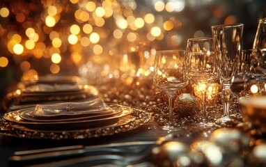 Elegant holiday table setting with golden decorations, crystal glassware, and festive bokeh lights, creating a warm and inviting atmosphere.