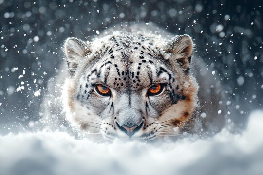 A majestic snow leopard prowling through a snowy landscape, showcasing its striking gaze and beautiful fur pattern. - Powered by Adobe