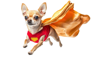Adorable chihuahua in a superhero costume flying mid-air, wearing a red shirt and orange cape. Creative stock photo for pet enthusiasts.