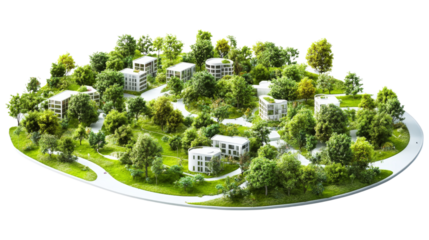 Eco-friendly neighbourhood concept with green spaces.