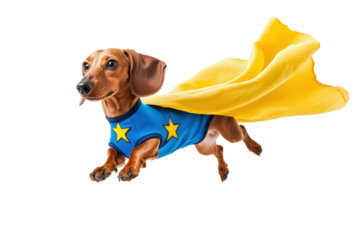 Adorable dachshund dressed as a superhero with a blue costume and yellow cape, symbolizing bravery and fun. Perfect for dog lovers and pet themes.