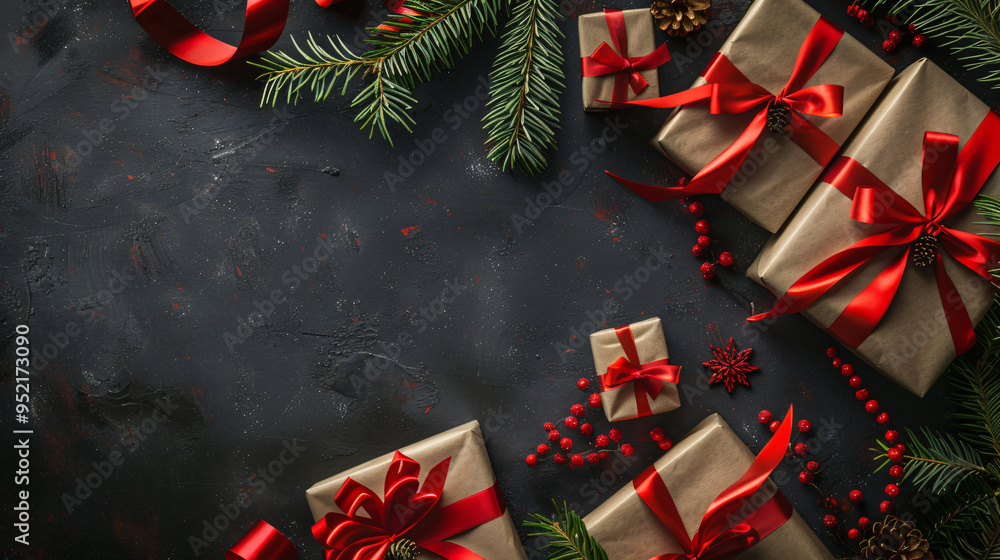 Aufkleber christmas presents wrapped in brown paper and tied with red ribbon are lying on a black background w